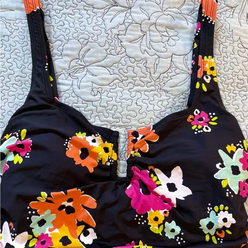 Anne cole Black Floral One-Piece Swimsuit Scoop Back Tummy Control Sz 12💛