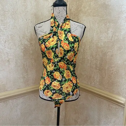 ZARA  Twist Neck Floral Halter Top Bodysuit Small Yellow Green Floral Sz M