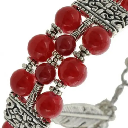 BEADED ANTIQUE SILVER & RED CHARM BRACELET