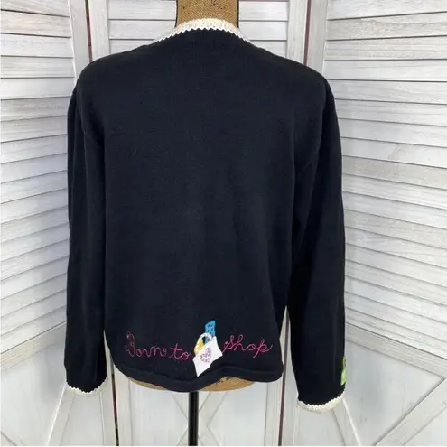Berek Vintage 90s Born To Shop Embroidered Appliqué Cardigan Sweater Black XL Black