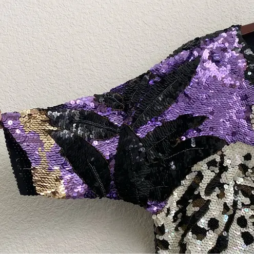 Vintage Fully Sequinned & Beaded Wild Cat Leopard Dolman Sleeve Silk Top Size S Black