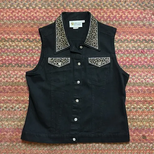 90s VTG CHEETAH RHINESTONE BLING BLACK BOXY VEST Size M