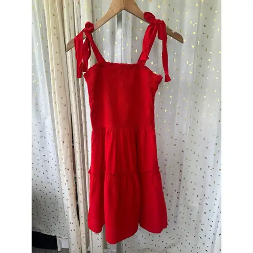 Zesica NWT Smocked Self Tie Straps Ruffle Trim Tiered Swing Mini Dress S Red