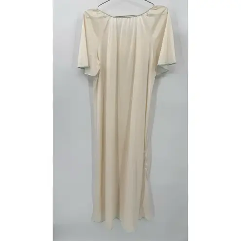Vintage 80s Nightgown Cream Satin Quilted Embroidered Flowers Made in the USA Green Size M