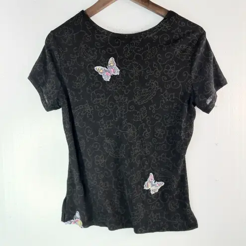 Linq S Butterfly Gemstone Beaded Capped Sleeve Pullover Top in Black Pink