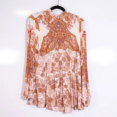 Free People Lady Luck High Neck Long Sleeves Cut Out Back Mini Tunic Dress Ivory