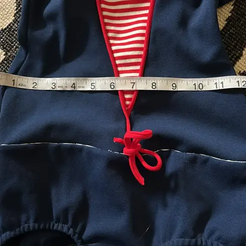 VTG 1960’s One Piece Knit Swimsuit Navy Red Sz 6/8 M Built in Bra Scoop Back Blue