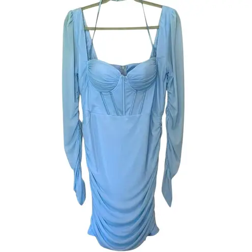 Parthea Baby Blue Corset Long Sleeve Halter Backless Mesh Ruched Mini Dress XL