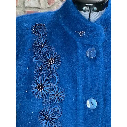 sweater coat fuzzy beaded sequin flower angora blue Size XL