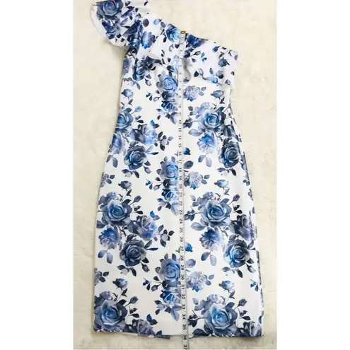 Eliza J Blue Floral Print One Shoulder Sheath Dress Metallic Ruffle Size 6 New