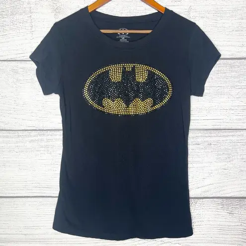 DC Comics Black Fitted Tee with Gold Embellished Batman Logo Women’s Size Large