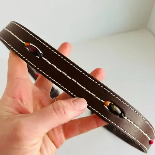 90s Retro Brown Vegan Leather Beaded Brass Buckle Belt