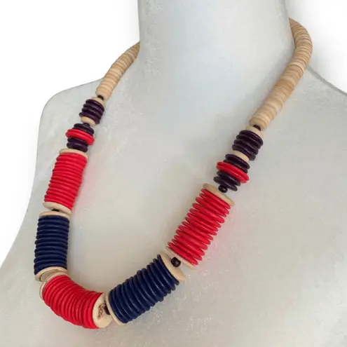 Vintage Red Navy Wooden Disc Natural Beaded Statement Necklace Bohemian Chunky Blue