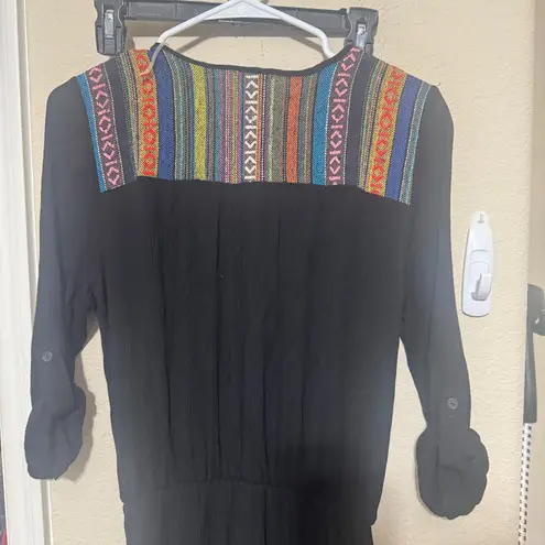 Black Gauzy Romper Boho short colorful embroidery sz L Baha Peruvian long sleeve Size L