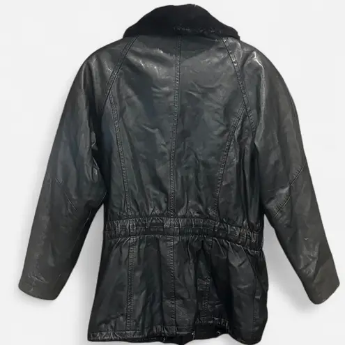 Vintage 90s Metropolitan New York Leather Jacket Fur Collar Cinched Waist Medium Black