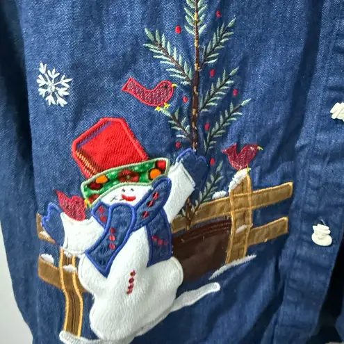 VTG 90s Tantrums Christmas Snowmen Embroidered Denim Flannel Button Down XL T Blue
