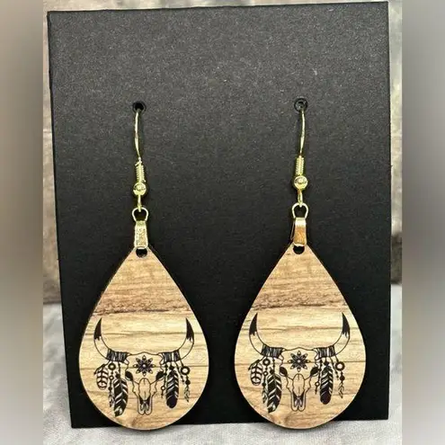 Steer Skull Dream Catcher Wood Look Teardrop Earrings