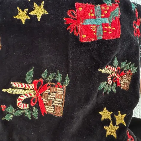 Vintage 90s Cleo Black Velveteen Embroidered Christmas Vest Bell Zipper Pull XL