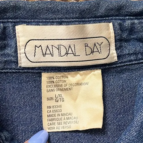 Vintage Denim Shirt Button Down Embroidered Picnic Summer Grilling L Large XL Blue