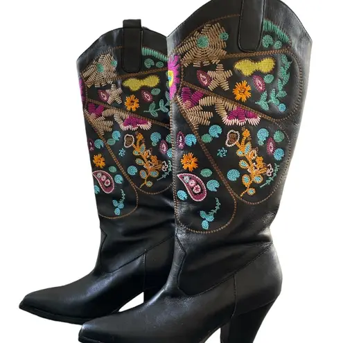 Black Vegan Leather western Cowgirl Boots Colorful Shaft Embroidery size 6.5