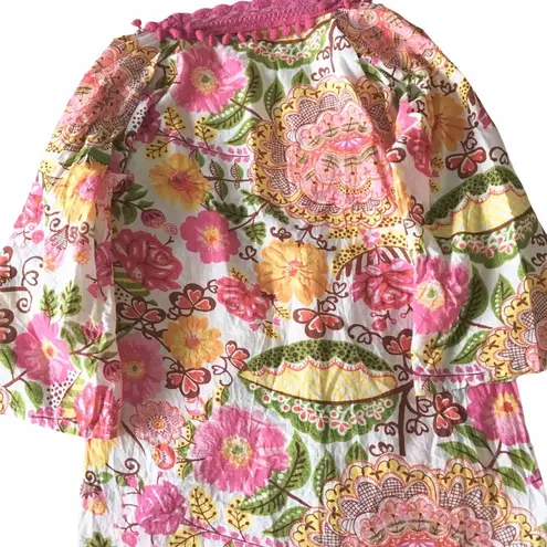 Monique Leshman š Floral Print Pom Pom Tunic Top š Fuchsia Pink Spring Yellow