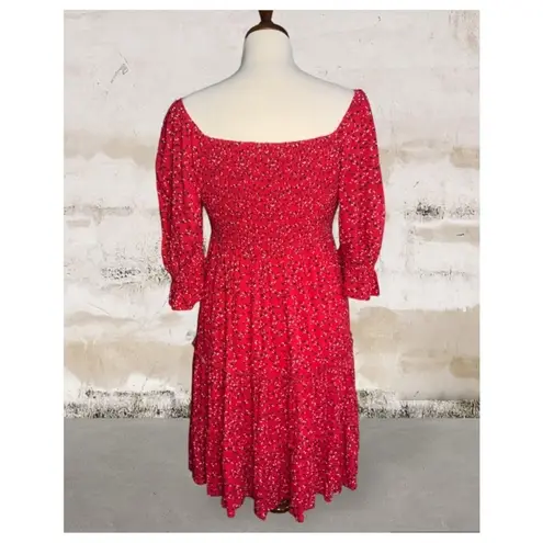 White Birch Red Floral Shirred Sweetheart Square Neck Puff Sleeves Short Dress S