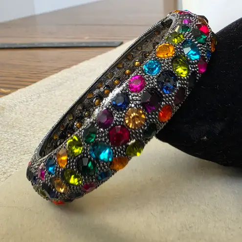 Vintage Oxidized Silver Multi Color Crystal Clamper Hinge Bangle Bracelet
