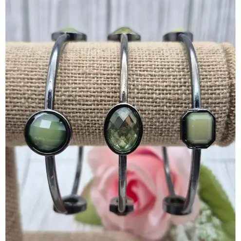 None Gunmetal & Green Bead Station Bangle Bracelets Set Lot of 3