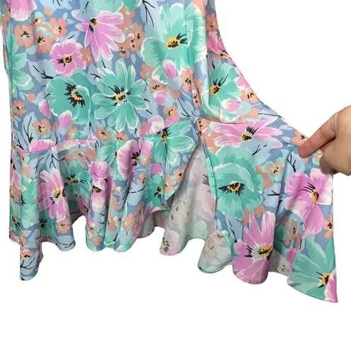 Vintage Avon Teal Pink Floral V Back Midi Dress With Mermaid Ruffle Bottom Hem Size 8