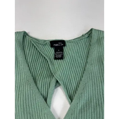 Rue 21  Sage Green Ribbed Knit‎ Wrap Top Open Back Long Sleeve Crop Top