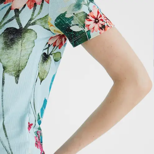 Desigual 🩵 Blue Pink Floral Ribbed Short Sleeve T-Shirt