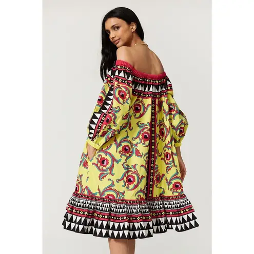 RTR La DoubleJ XS Paloma Yellow Multicolor Print Off Shoulder Shift Midi Dress