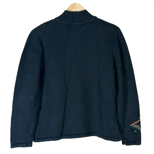 Tiara International Cardinal Bird Knit Jacket Womens M Black Zip Beaded Holiday