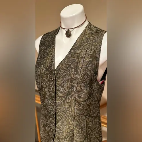 Anne Klein Anne Kline II Gold Olive Green Gray Paisley Fabric ButtonVest Sz 10. Full Lining