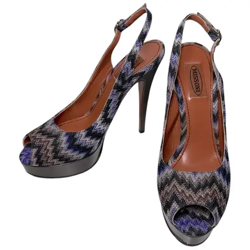 Missoni 38.5 8 Purple Black Rashel Zig Zag Peep Toe Platform Slingback Heels