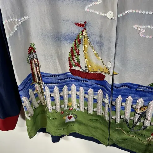 Quacker Factory Womens 100% Silk Button Up Top Size Large Nautical Sequin Art - Image 6