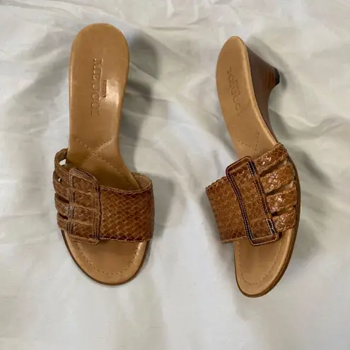 Tan Brown Braided Open Toe 90s Euro Leather Block Wedge Heels Sandals 6.5