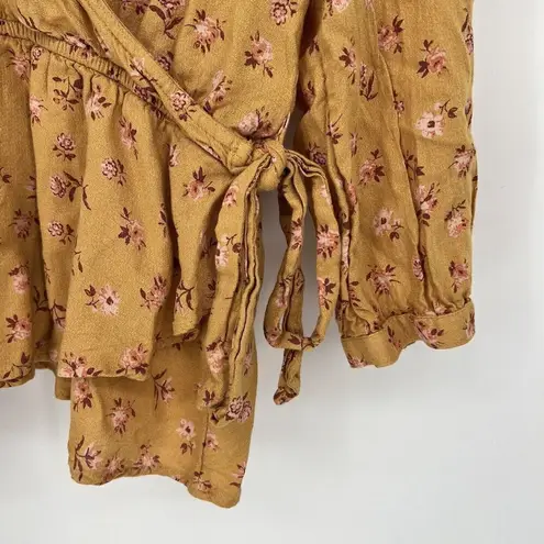 Lucky Brand  Blouse Gold Ditsy Floral Pattern Faux Wrap 3/4 Sleeve Boho Top Large