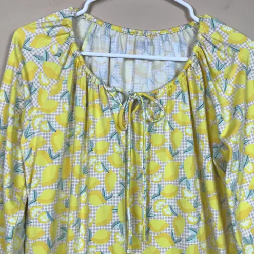 Lands’ End Petite Women’s Lemon Plaid Print Keyhole Tie 7/8 Sleeve Blouse Yellow Size undefined