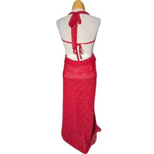 Peppermayo Elysia Cherry Red Lace Draped Cowl Neck Open Back Maxi Dress Sz 6