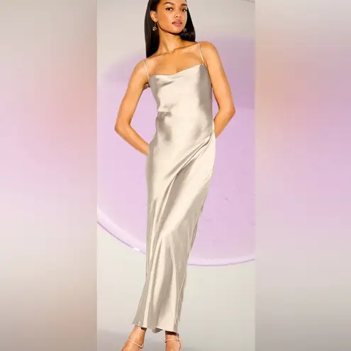 NWTS🌹THE OCCASION L🌹ELITE LINE SLEEK CHAMPAGNE SATIN DRAPED FRONT OPEN BACK MAXI Silver Size L