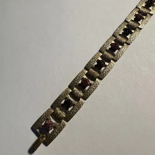 Women’s Bronze Gold Tone Red & Pink Rhinestone Tennis Bracelet 7 Inch