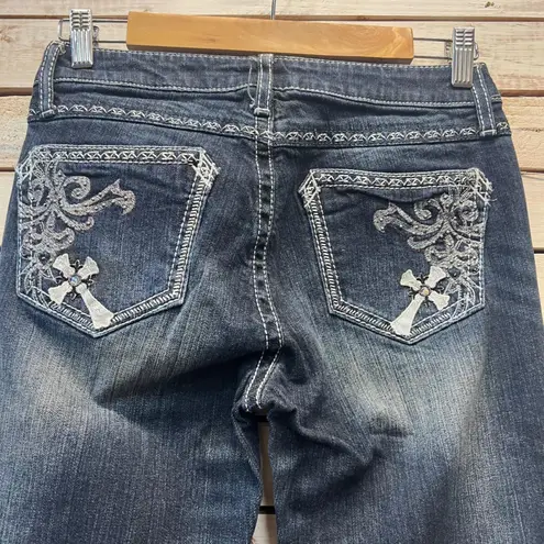 Vintage Rock 47 by Wrangler Low Rise Bootcut Jeans Cross Embroidered Y2K Sz 3/4 Blue