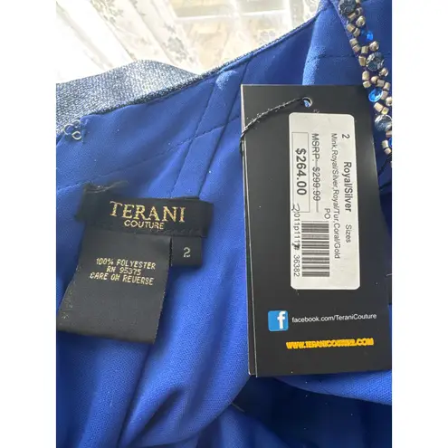 Terani Couture 2010s Royal Silver Beaded Metallic Evening Gown Size 2 NWT