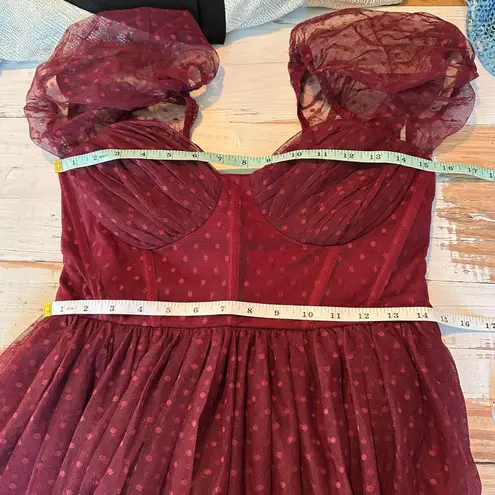 Lulus Sweet Amor Burgundy Tulle Swiss Dot Tiered Bustier Midi Dress Size M