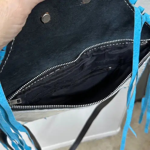 Myra Bag Western Cowhide White Fur with Turquoise Fringe Crossbody Bag Purse NEW