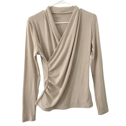 OGL Women's LiteWarm Surplice Long Sleeve Ruched Crossover Top Beige XS New
