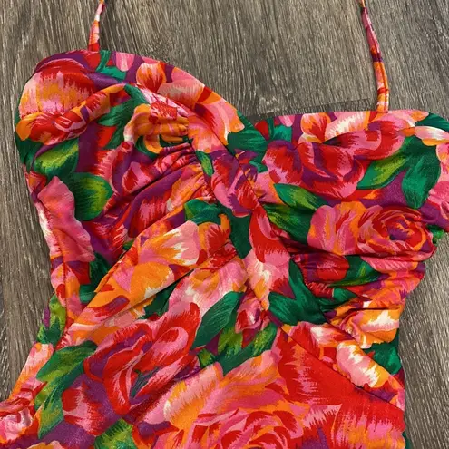 One Piece Vintage 90s swimsuit floral bright tropical slimming Small