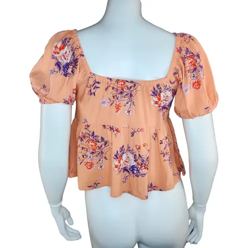 Abound NWOT  Womens XS Coral Floral Print V-Neck Puff Sleeve Peplum Blouse