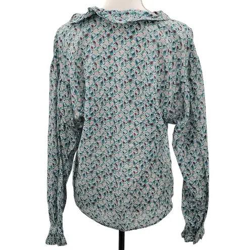 Cotelac Ruffle Top Blouse Button Up Geometric Print Art Deco Green Blue 1 Medium